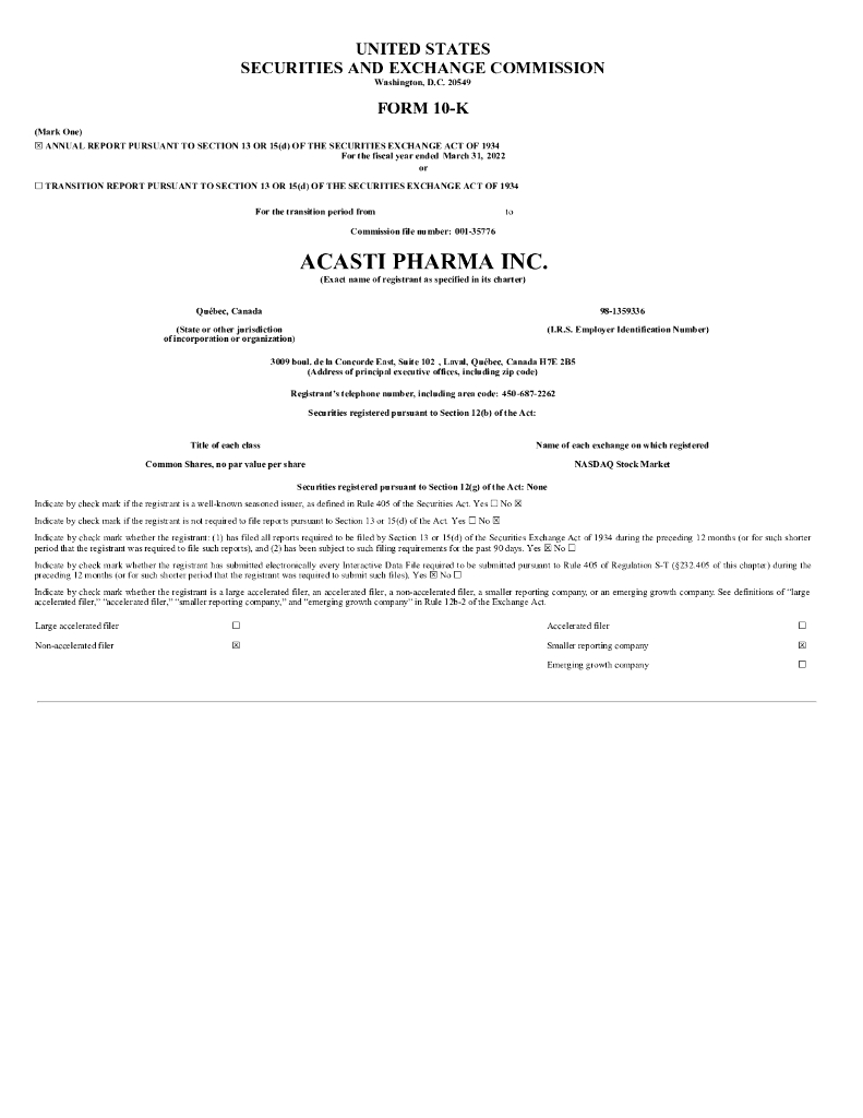Acasti Pharma Inc.（ACST）2022财年年度报告（英文版）
