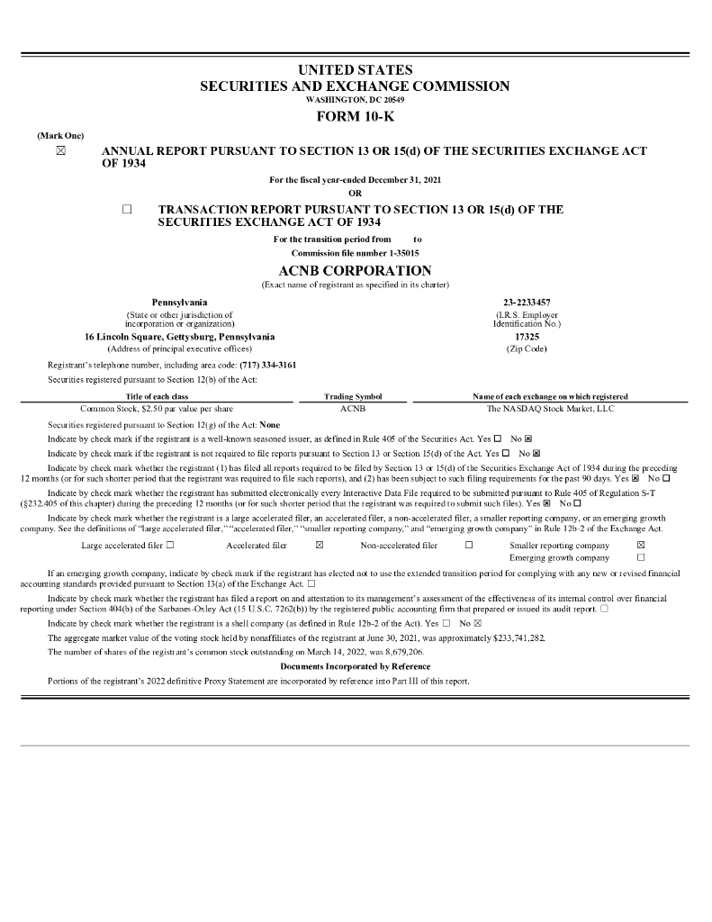 ACNB Corporation（ACNB）2021财年年度报告（英文版）