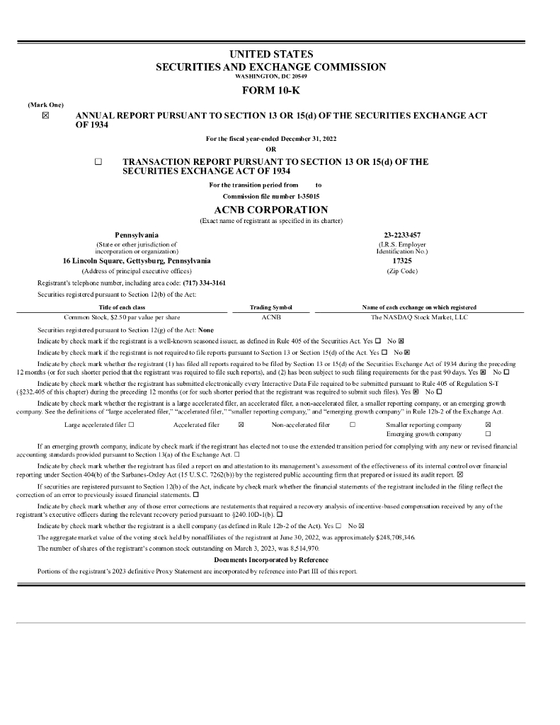 ACNB Corporation（ACNB）2022财年年度报告（英文版）