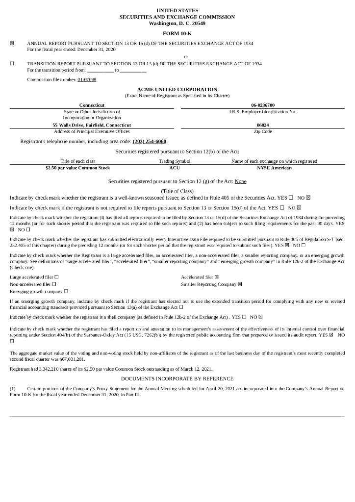 Acme United Corporation（ACU）2020财年年度报告（英文版）