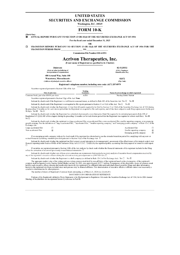 Acrivon Therapeutics, Inc.（ACRV）2023财年年度报告（英文版）