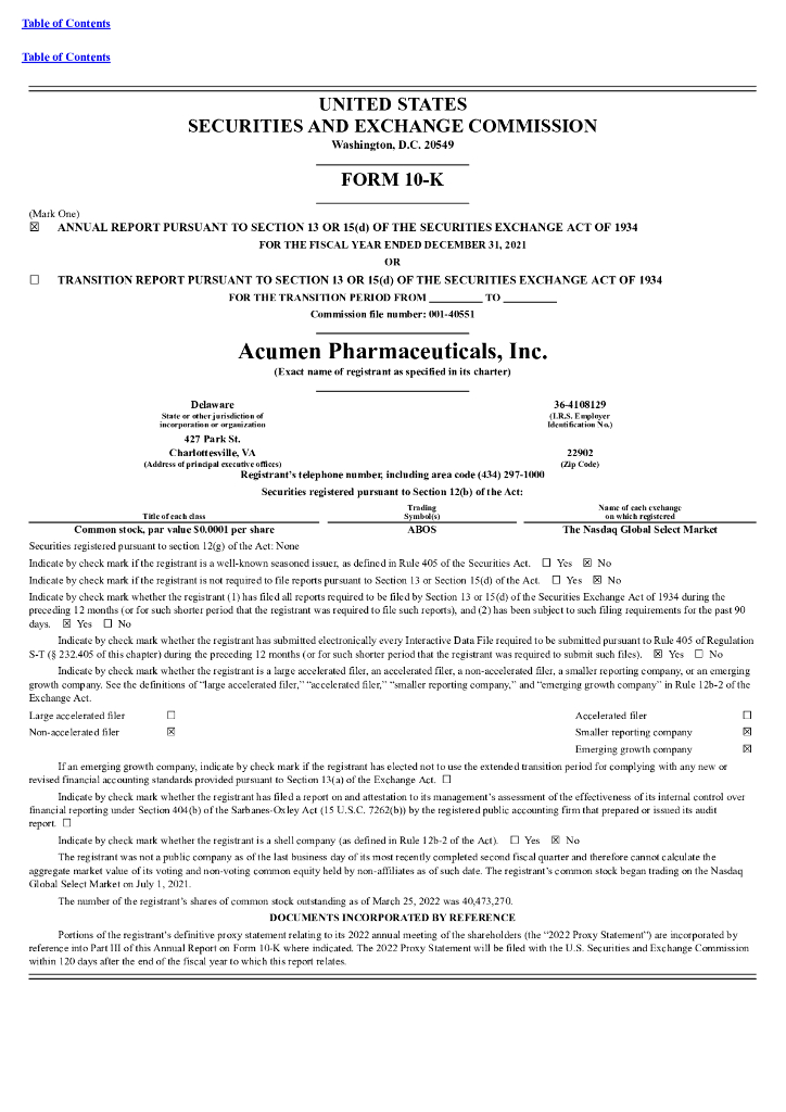 Acumen Pharmaceuticals, Inc.（ABOS）2021财年年度报告（英文版）