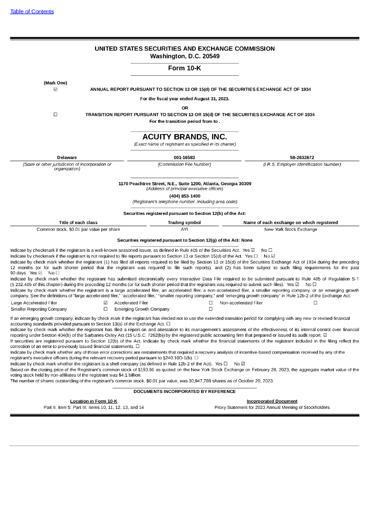 Acuity Brands, Inc.（AYI）2023财年年度报告（英文版）