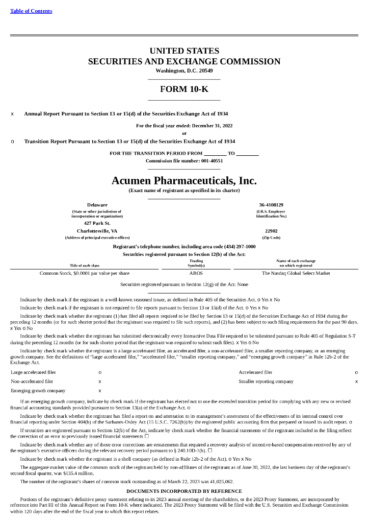 Acumen Pharmaceuticals, Inc.（ABOS）2022财年年度报告（英文版）