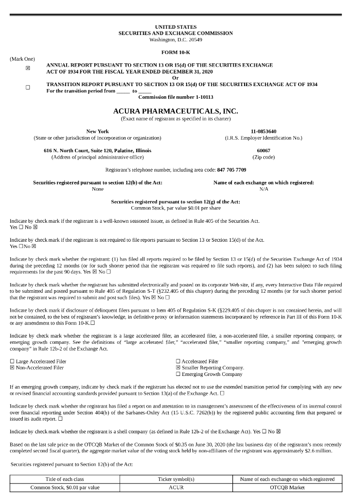 Acura Pharmaceuticals, Inc.（ACUR）2020财年年度报告（英文版）