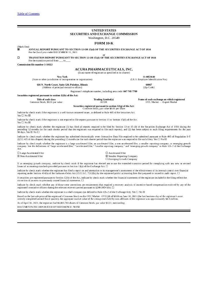 Acura Pharmaceuticals, Inc.（ACUR）2021财年年度报告（英文版）