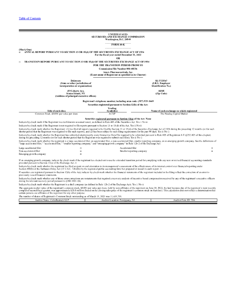 Acurx Pharmaceuticals, Inc.（ACXP）2022财年年度报告（英文版）