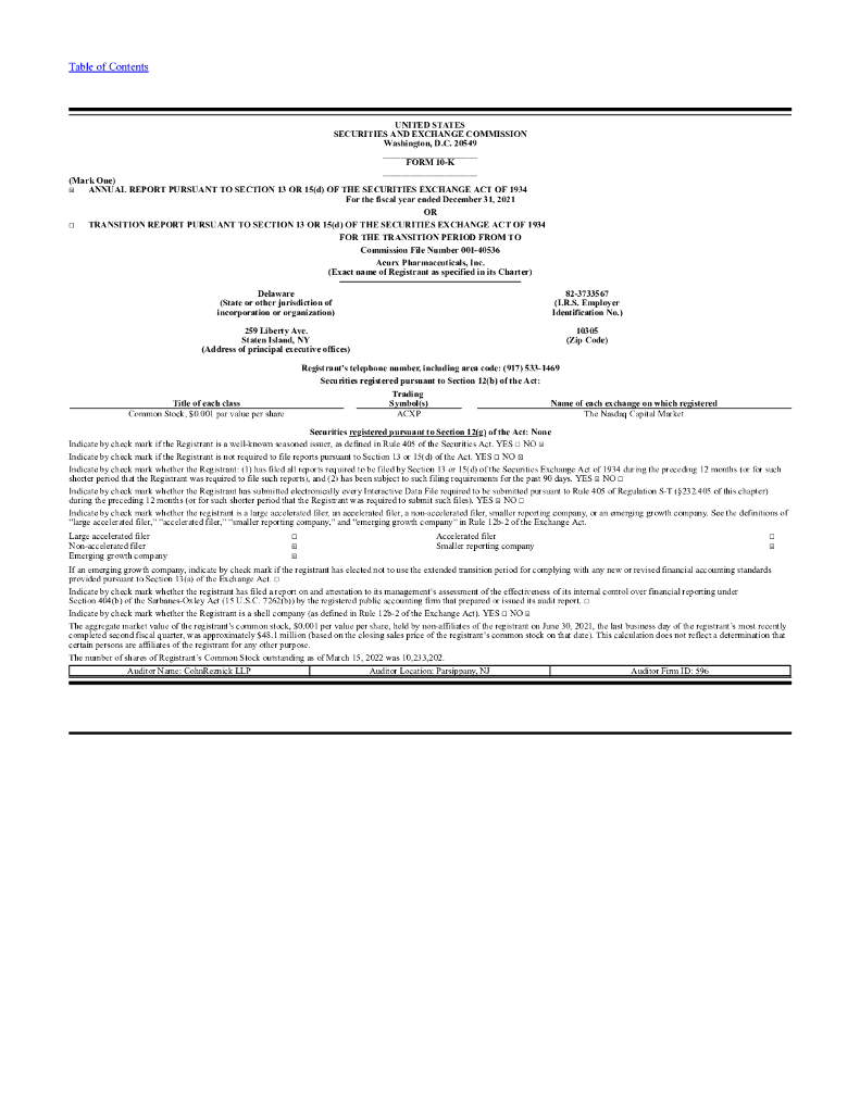 Acurx Pharmaceuticals, Inc.（ACXP）2021财年年度报告（英文版）