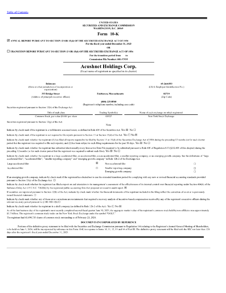 Acushnet Holdings Corp.（GOLF）2023财年年度报告（英文版）