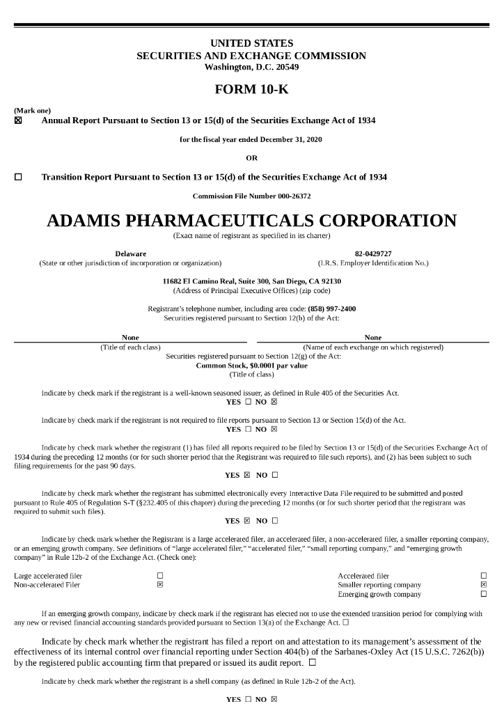 Adamis Pharmaceuticals Corp.（ADMP）2020财年年度报告（英文版）