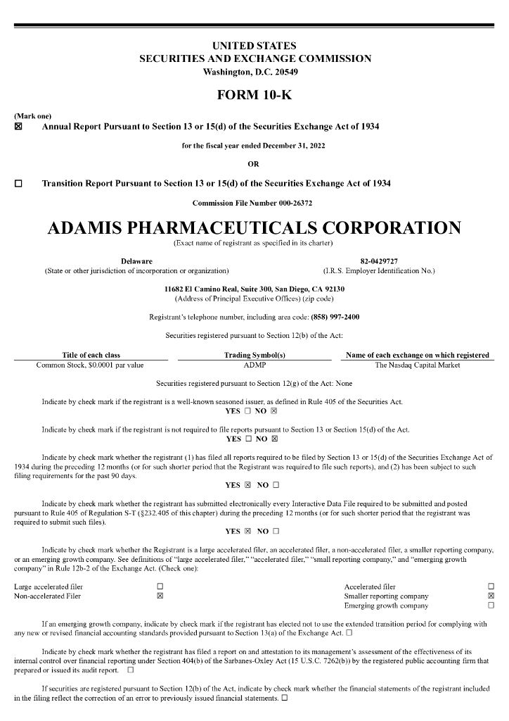 Adamis Pharmaceuticals Corp.（ADMP）2022财年年度报告（英文版）