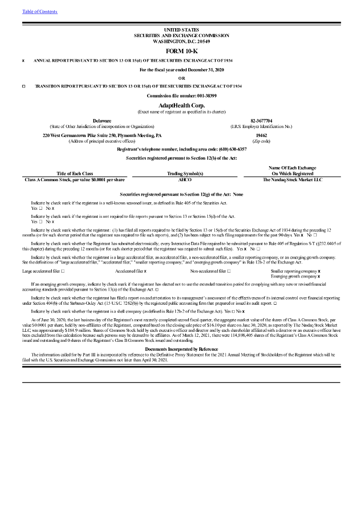 AdaptHealth Corp.（AHCO）2020财年年度报告（英文版）