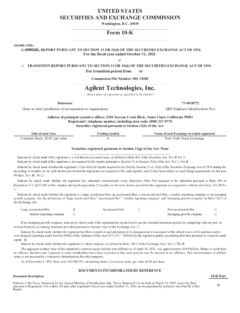 Agilent Technologies Inc.（A）2021财年年度报告（英文版）