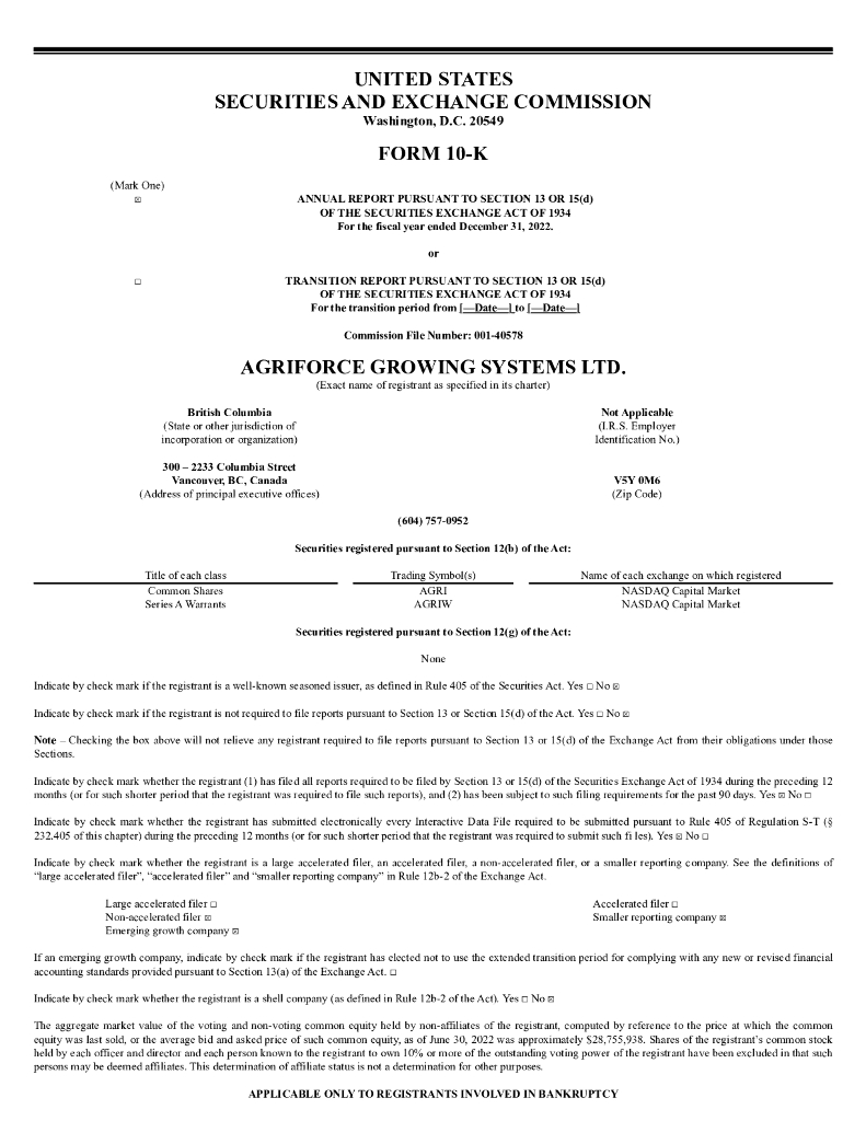 AgriFORCE Growing Systems Ltd.（AGRI）2022财年年度报告（英文版）