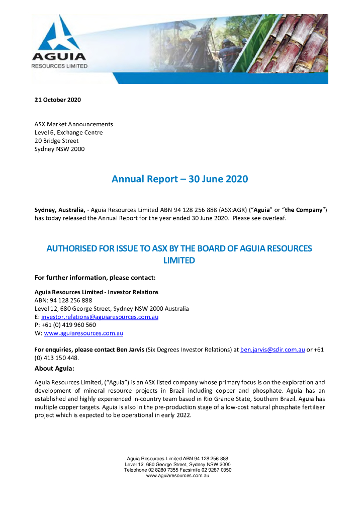 Aguia Resources（AGR）2020财年年度报告（英文版）