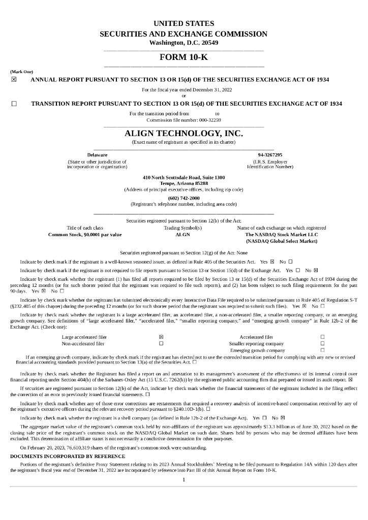 Align Technology Inc.（ALGN）2022财年年度报告（英文版）