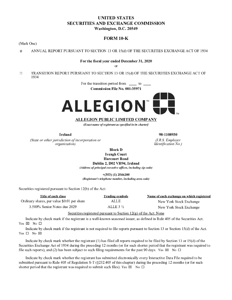 Allegion Plc（ALLE）2020财年年度报告（英文版）
