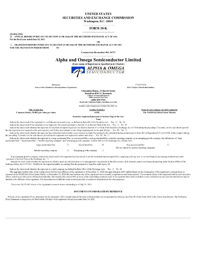 Alpha & Omega Semiconductor（AOSL）2021财年年度报告（英文版）