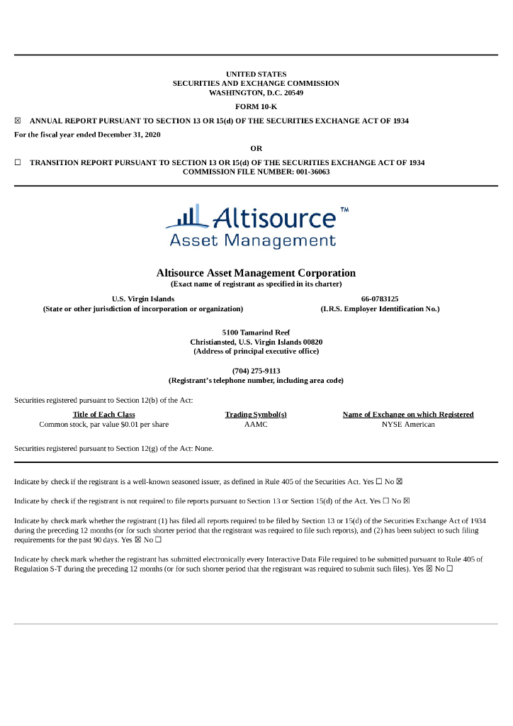 Altisource Asset Management Corp（AAMC）2020财年年度报告（英文版）