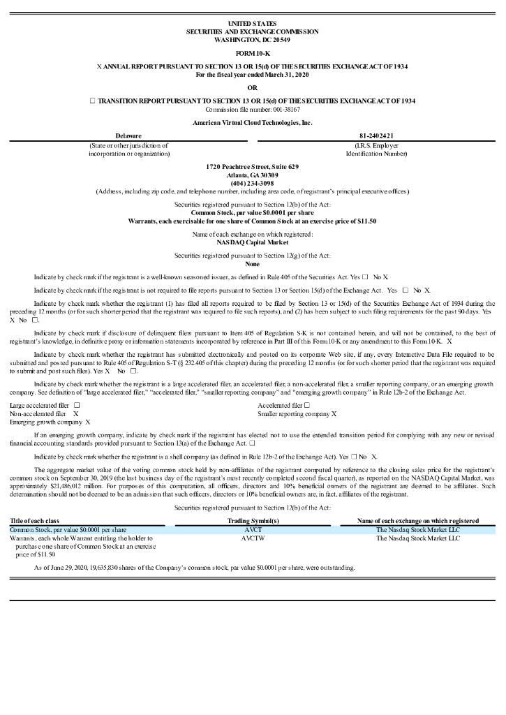 American Virtual Cloud Technologies, Inc.（AVCT）2020财年年度报告（英文版）