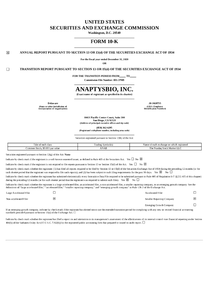 AnaptysBio, Inc.（ANAB）2020财年年度报告（英文版）