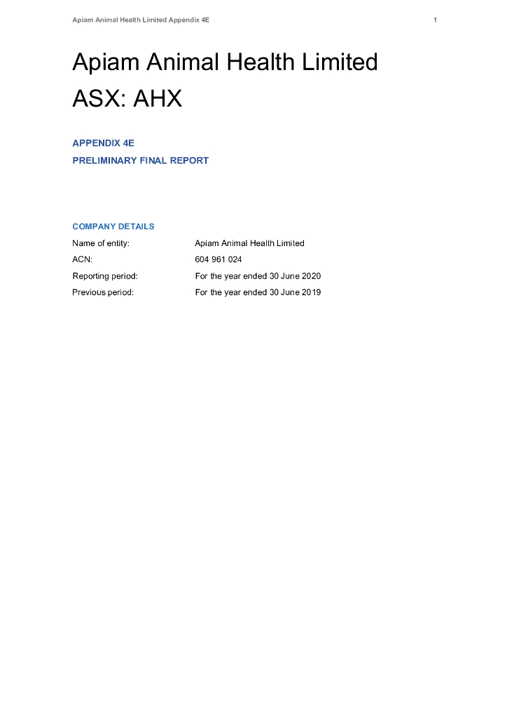 Apiam Animal Health Limited（AHX）2020财年年度报告（英文版）