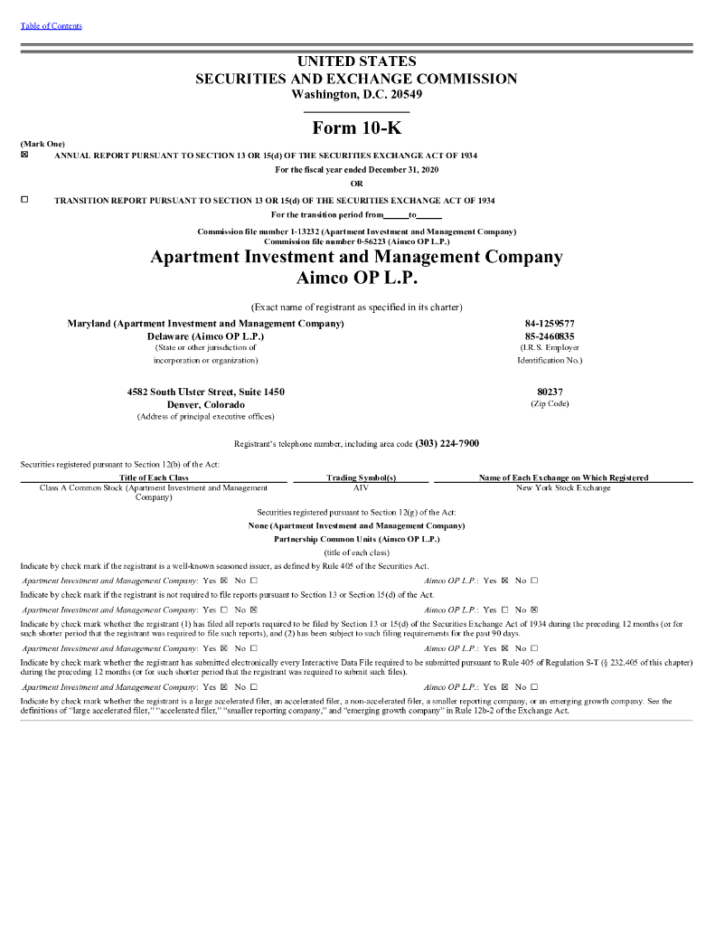 Apartment Investment and Management Company（AIV）2020财年年度报告（英文版）