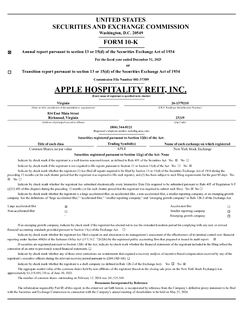 Apple Hospitality REIT Inc（APLE）2023财年年度报告（英文版）