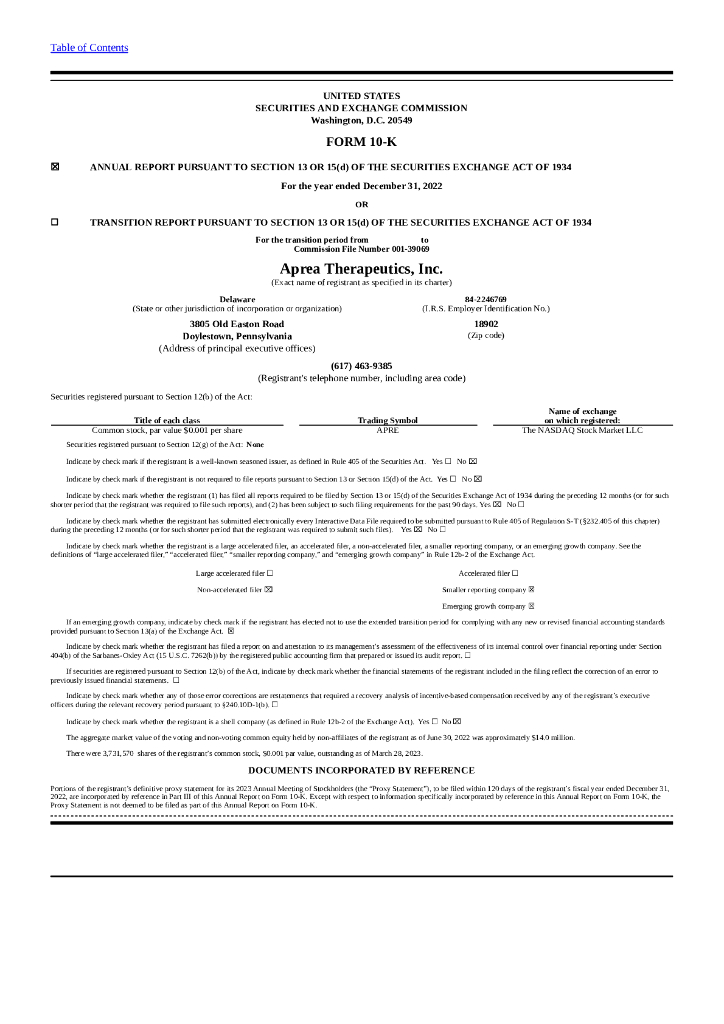 Aprea Therapeutics, Inc.（APRE）2022财年年度报告（英文版）