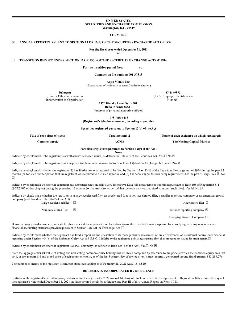 Aqua Metals, Inc.（AQMS）2021财年年度报告（英文版）