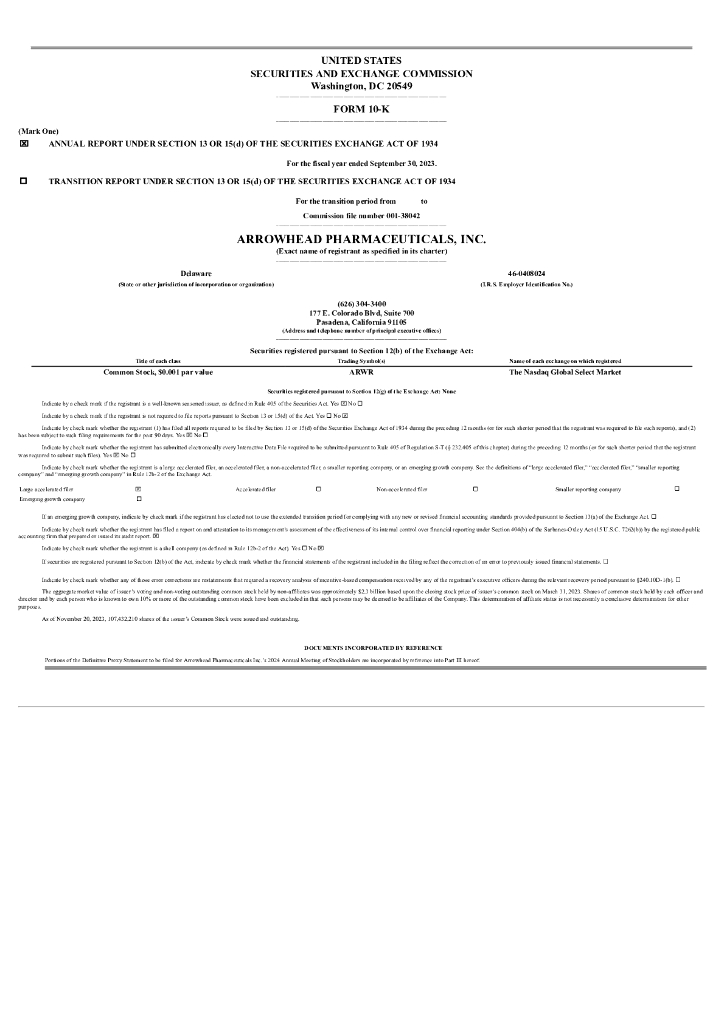 Arrowhead Pharmaceuticals, Inc.（ARWR）2023财年年度报告（英文版）