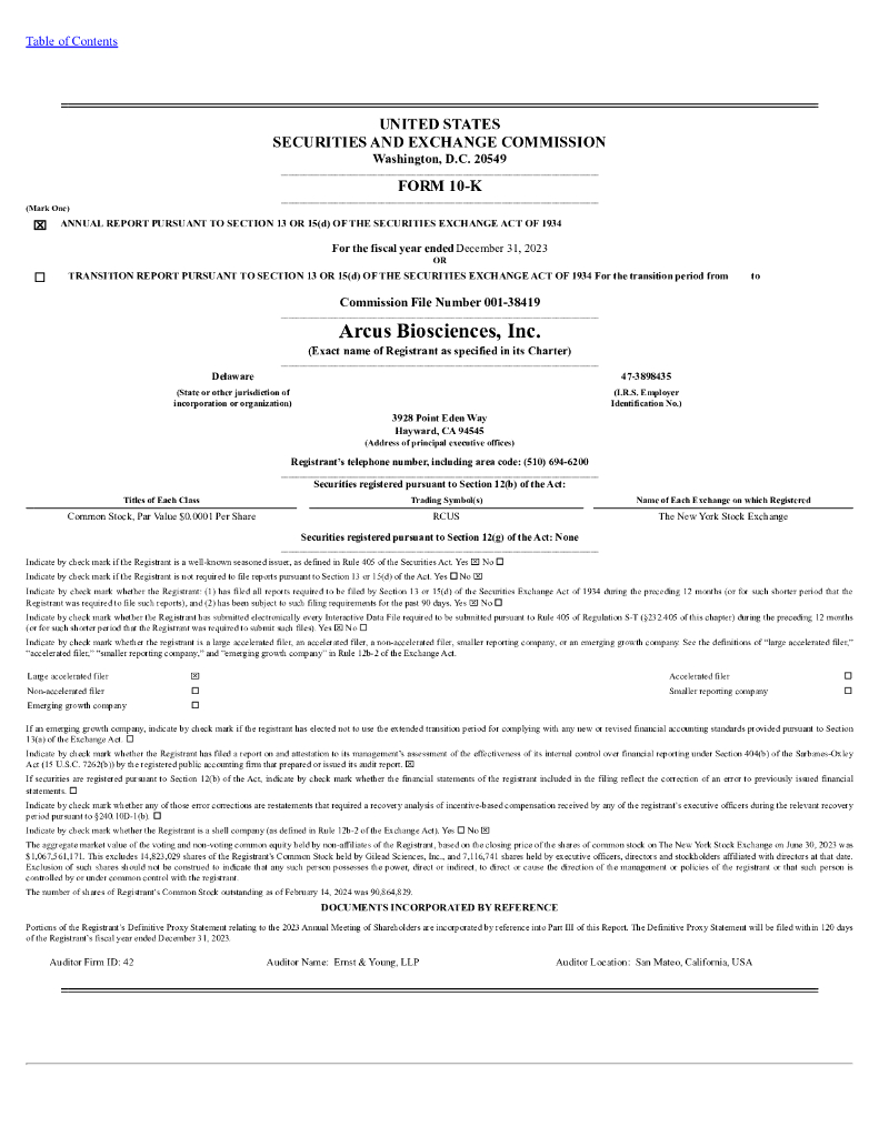 Arcus Biosciences, Inc.（RCUS）2023财年年度报告（英文版）