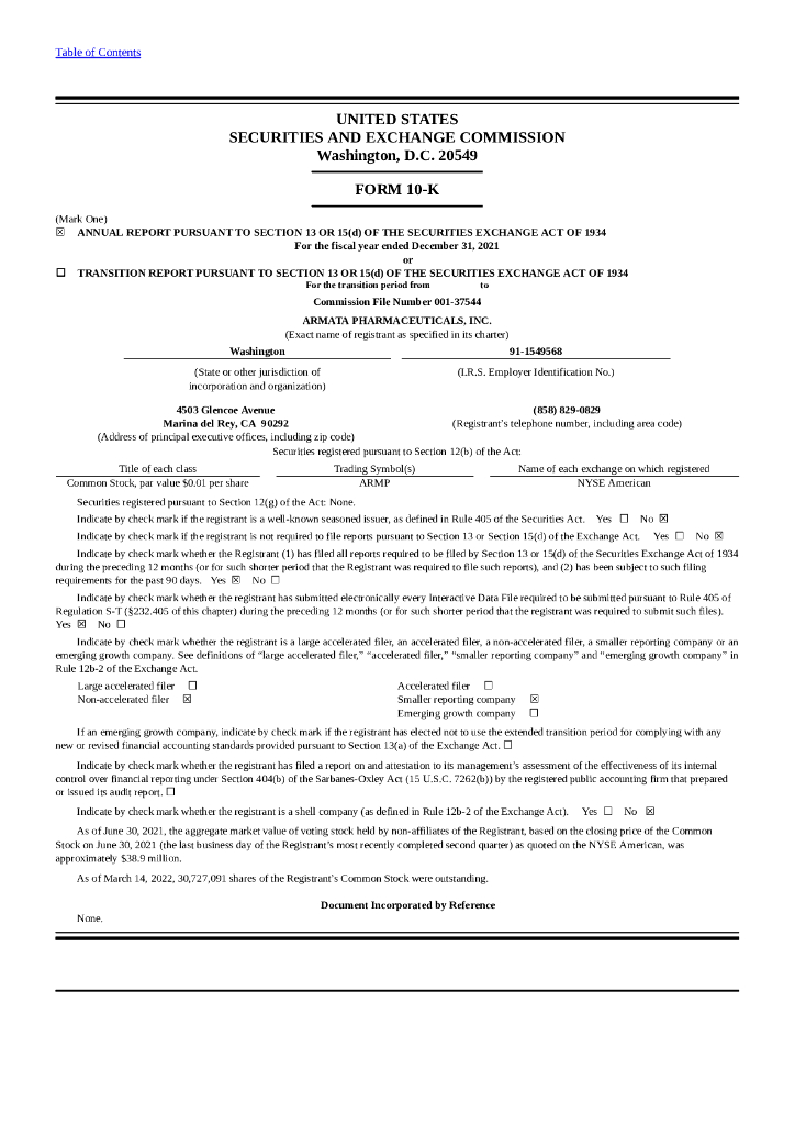 Armata Pharmaceuticals, Inc.（ARMP）2021财年年度报告（英文版）
