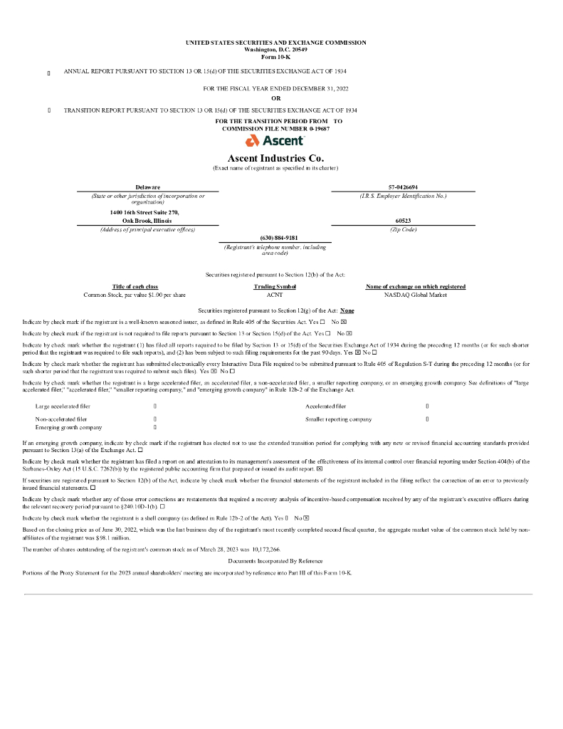 Ascent Industries Co.（ACNT）2022财年年度报告（英文版）
