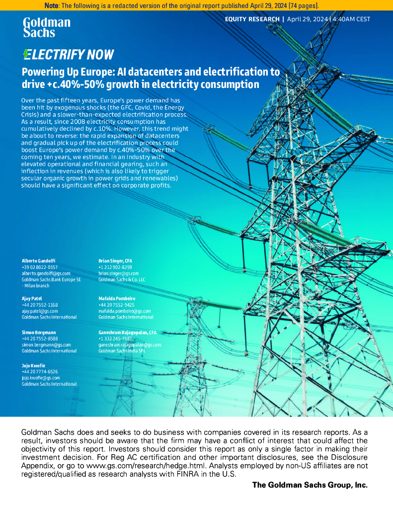 高盛：2024为欧洲供电报告：<em>人工智能</em>数据中心和电气化将推动电力消耗增长约40%-50%（英文版） 海报