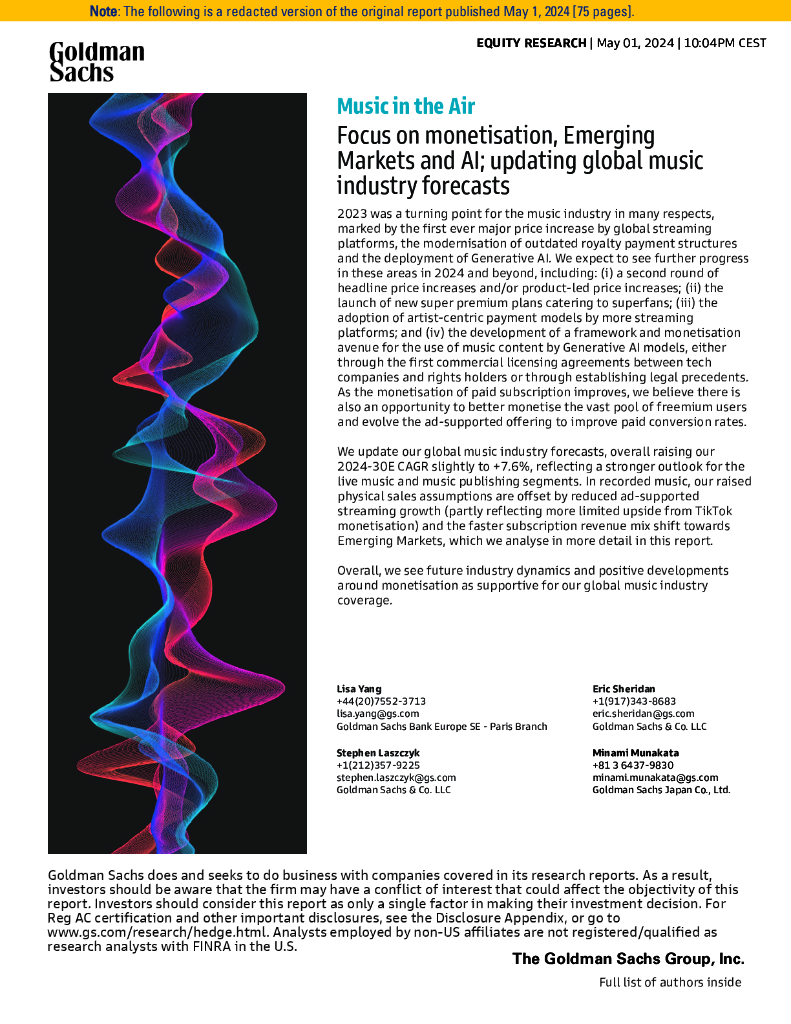 高盛：2024空中音乐报告：关注货币化、新兴市场和<em>人工智能</em>;更新全球音乐产业预测（英文版） 海报