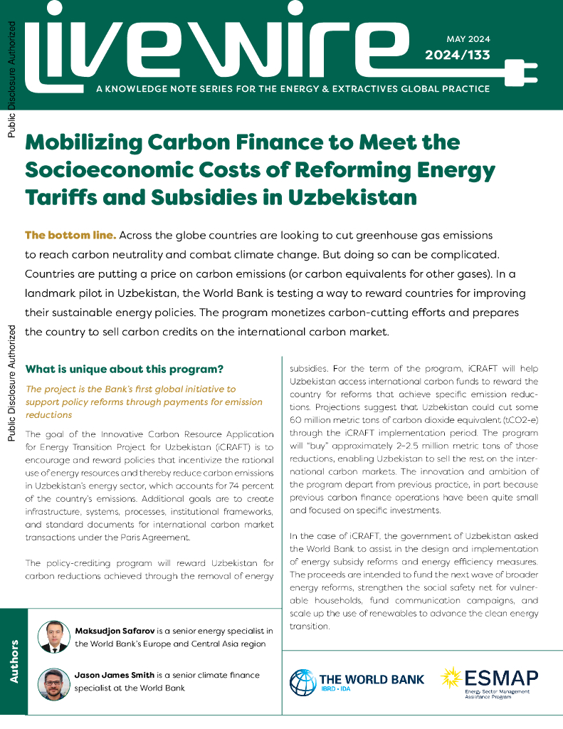 世界银行：2024动员碳金融来满足乌兹别克斯坦能源关税和补贴改革的社会经济成本（英文版）