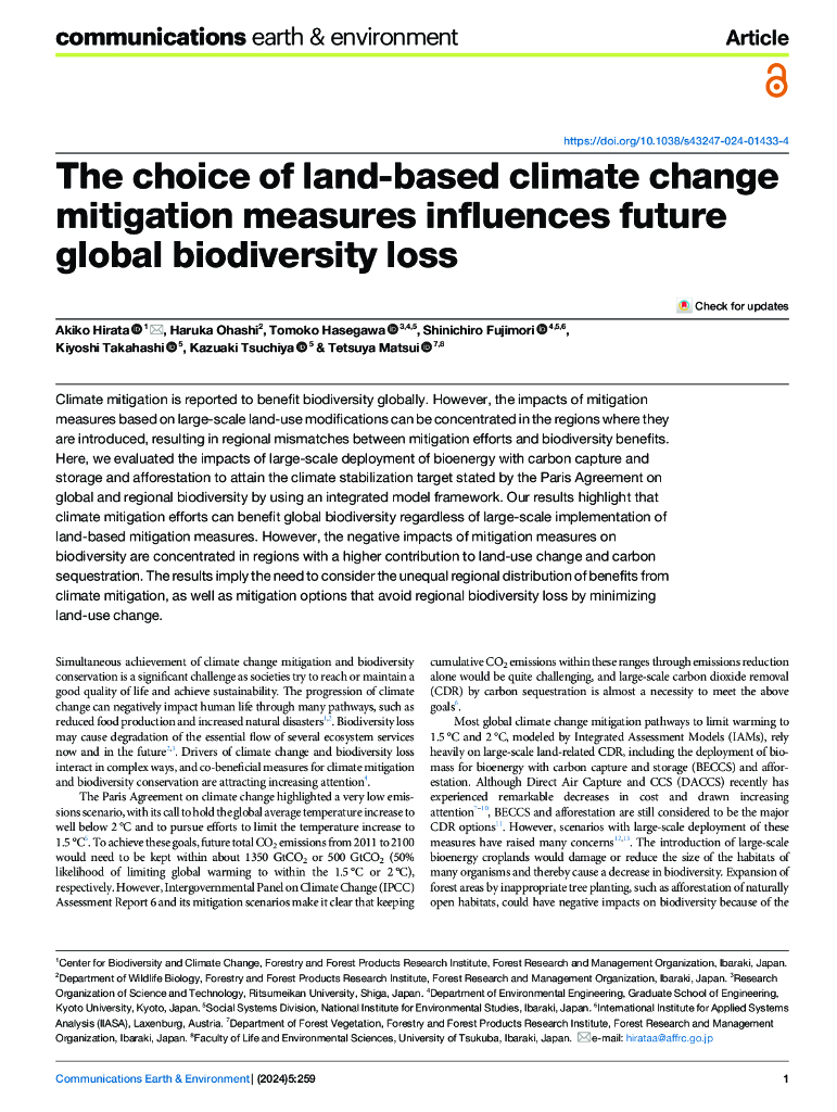 communications earth&environment：基于土地的气候变化减缓措施的选择将影响未来全球生物多样性的损失（英文版）