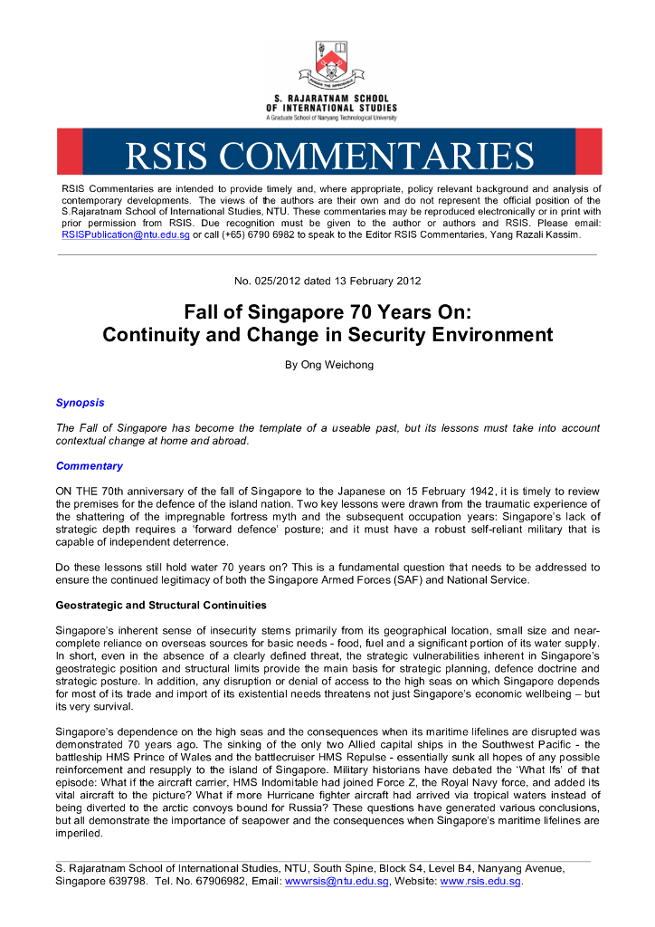 新加坡70年的衰落-安全环境的连续性和变化（英文版）