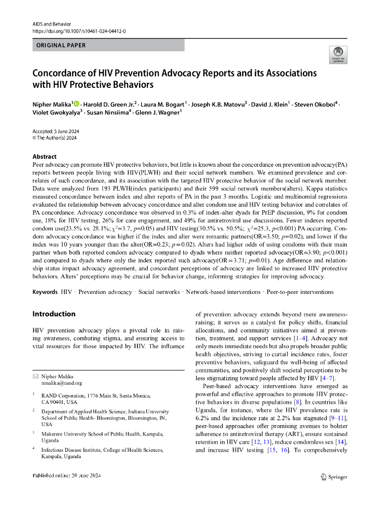 艾滋病毒预防宣传报告及其协会的一致性具有HIV保护行为（英文版）