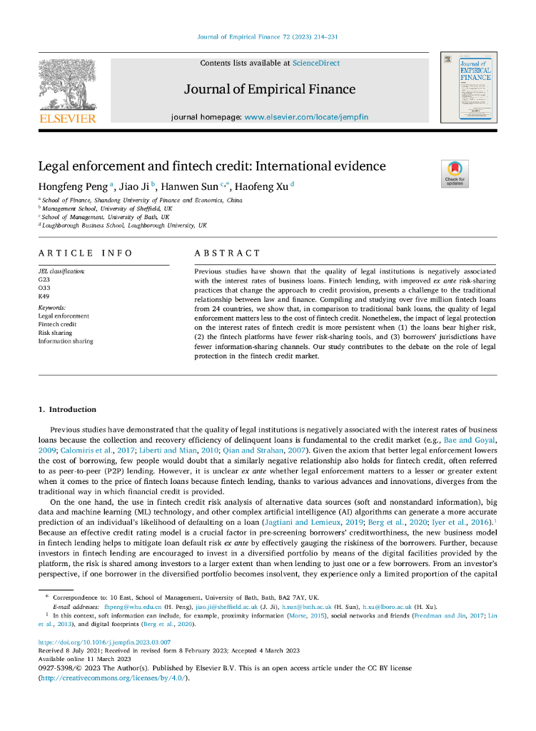 JEF：法律执行与金融科技信贷：国际证据（英文版）