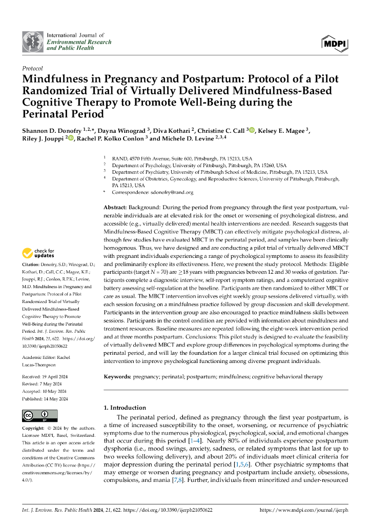 妊娠期和产后的正念：一项基于正念的认知疗法促进围产期幸福的随机试验方案（英文版）