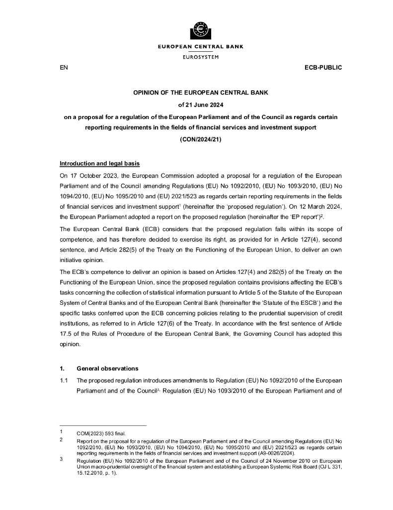 欧洲央行：关于欧洲议会和理事会关于金融服务和投资支持领域某些报告要求的条例提案（英文版）