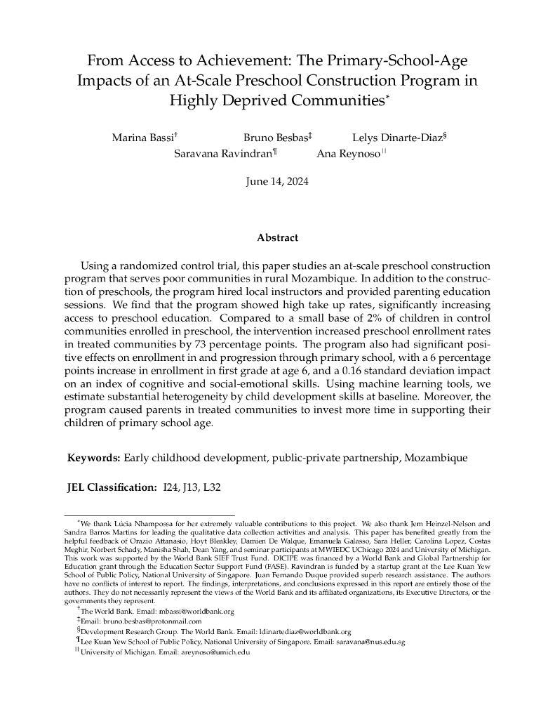 世界银行：从获得成就：高度贫困社区大规模学前教育建设项目对小学年龄的影响（英文版）