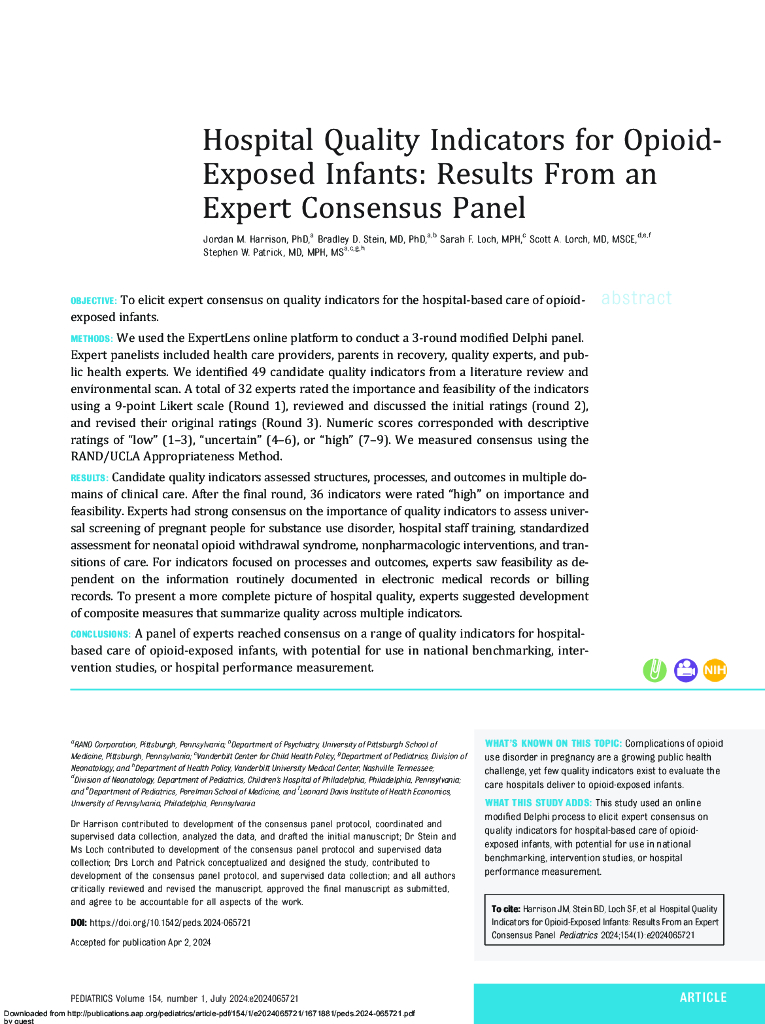 鸦片类药物暴露婴儿的医院质量指标-专家共识小组的结果（英文版）