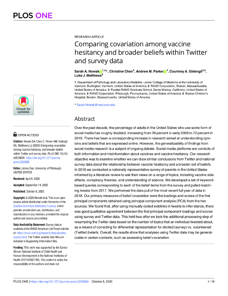 比较推特和调查数据中疫苗犹豫与更广泛信念的共变（英文版）