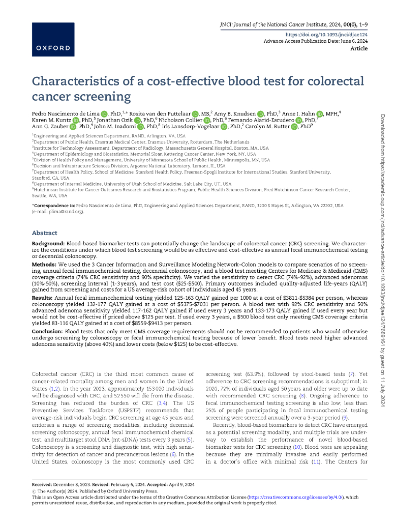 一种经济有效的检测结直肠癌筛查血液方法