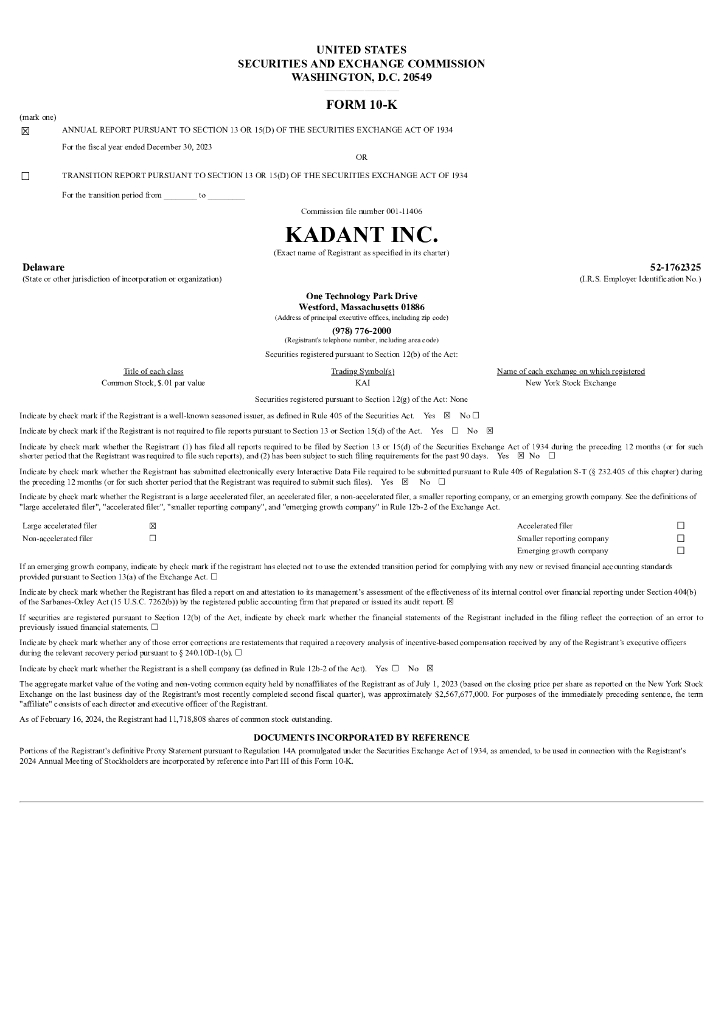 Kadant Inc.（KAI）2023财年年度报告（英文版）