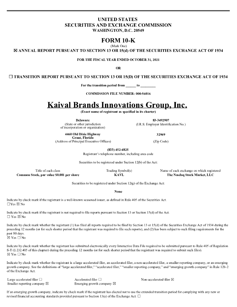 Kaival Brands Innovations Group,Inc.（KAVL）2021财年年度报告（英文版）