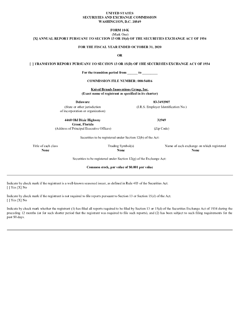 Kaival Brands Innovations Group,Inc.（KAVL）2020财年年度报告（英文版）